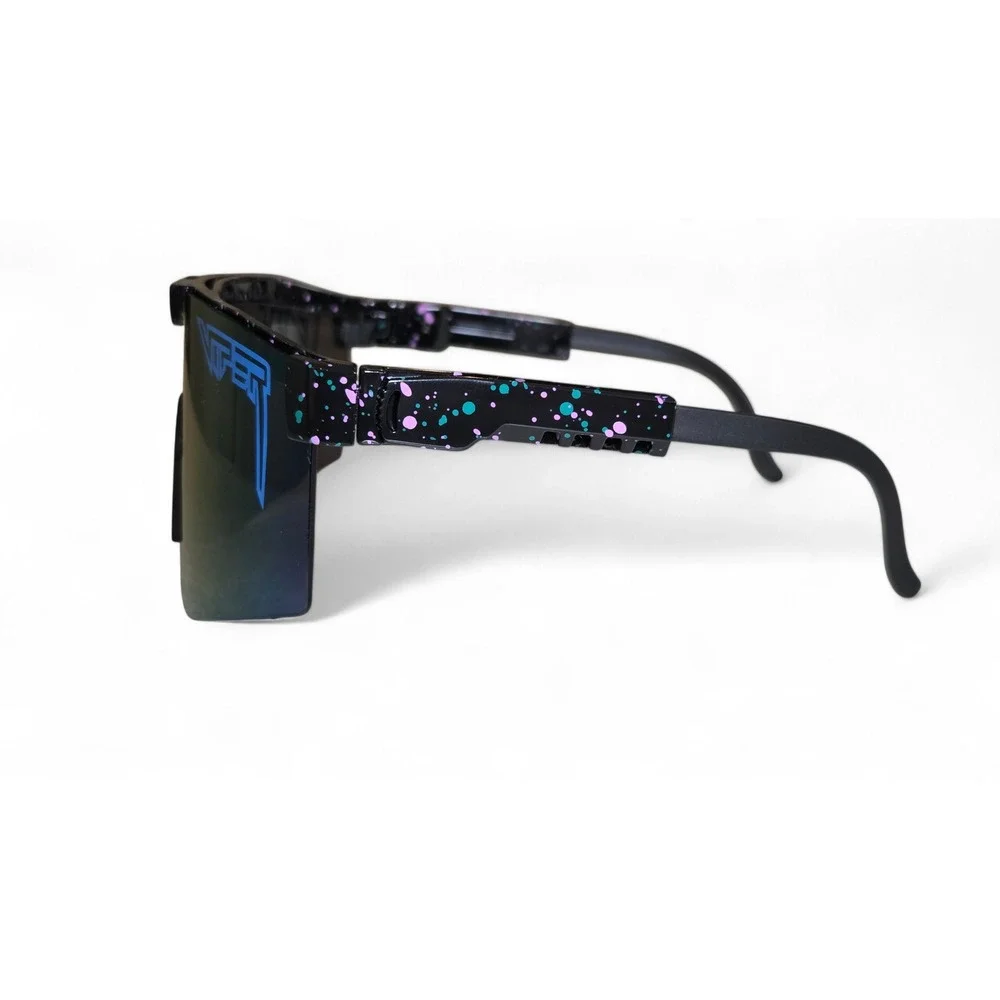 Shield Wrap Sunglasses Black Splatter Frame‎ Purple Teal Mirror Lens Sport